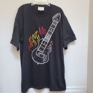 Black T-Shirt with Guitar and Flame Design Size XL